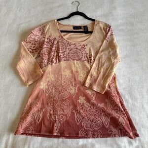 Axcess Womens XL Pink Paisley 3/4 Sleeve Babydoll Tunic Top Boho Fairy Whimsy
